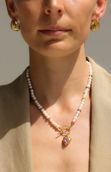 GOLD HEART FRESH WATER PEARL NECKLACE PINK STONE - STUDIO JO STORE